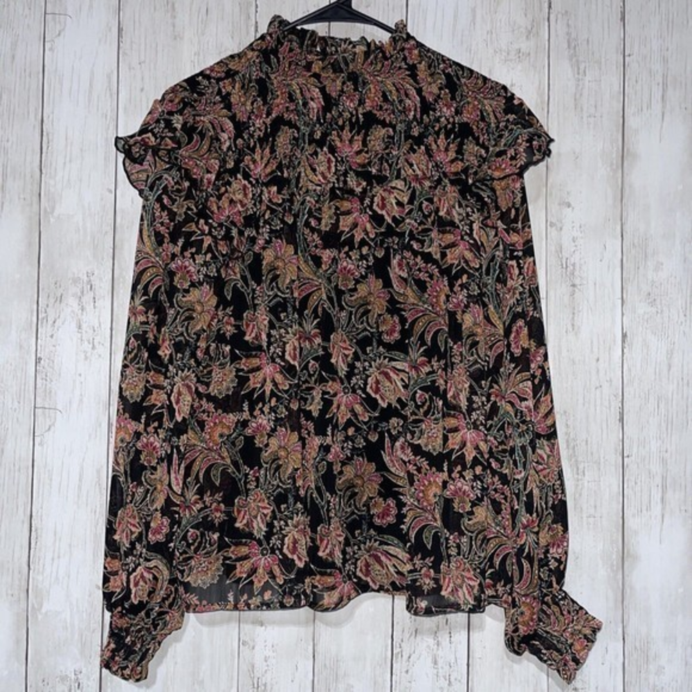 Ophelia Rose Black Floral Smocked High Neck Long Sleeve Blouse‎ Women's Size S